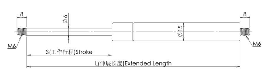 Storage Box Lid Gas Strut dimension drawing showing stroke, extended length, rod diameter and M6 threaded ends Storage Box Lid Gas Strut dimension drawing showing stroke, extended length, rod diameter and M6 threaded ends